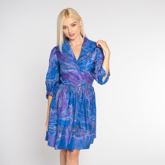 60s Mini Dress Blue Purple Silk Shirtwaist Dress Retro Collared Button Up Day Dress Marble Print High Waisted Vintage 1960s Extra Small xs