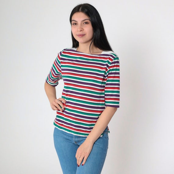 Multi Stripe T-Shirt 90s Boatneck Shirt Basic Top Short Sleeve TShirt Retro Basic Plain Casual Red Green Purple Vintage 1990s Small Medium