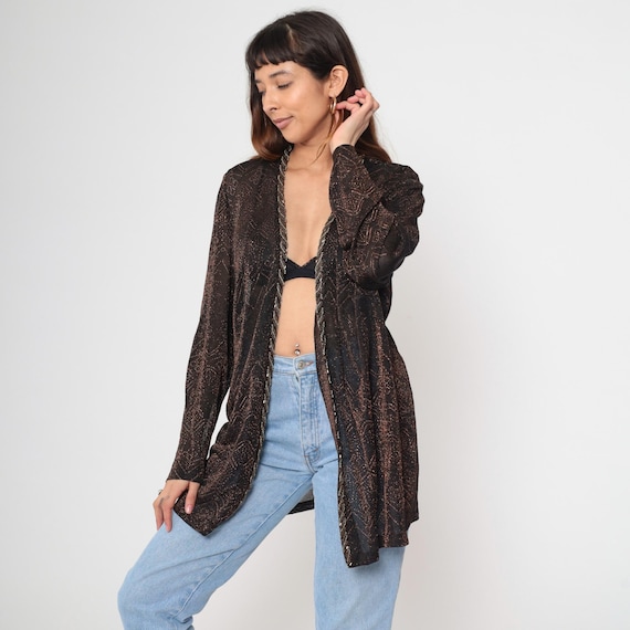 Vintage Metallic Bronze Jacket 90s Black Party Cocktail Open Front Formal Cardigan 1990s Geometric Sparkly Layering Glam 20W Plus Size