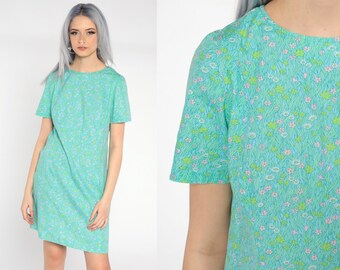 60s Floral Dress Green Blue Mod Dress Mini Dress Hippie Dress 70s Shift Boho Twiggy Vintage Short Sleeve 1960s Bohemian Small S