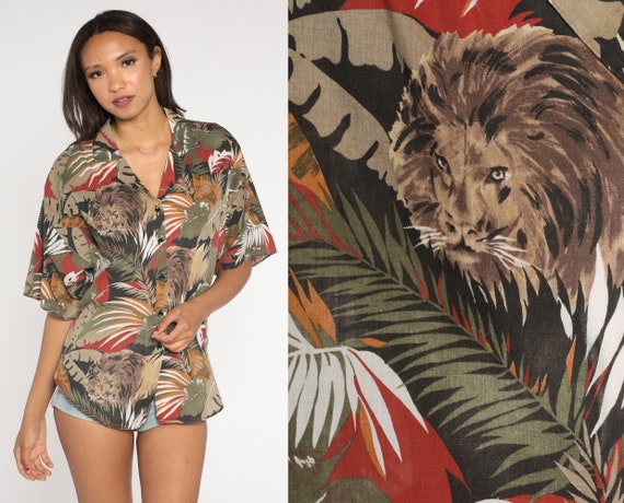 Lion Shirt 80s 90s Safari Animal Print Button Up Blouse Tropical Top Wildlife Leaf Pattern Short Sleeve Green Vintage 1990s Extra Large xl