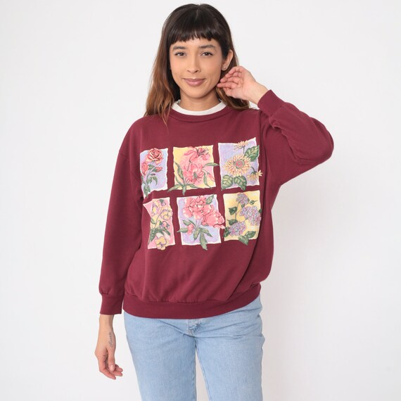 90s Floral Sweatshirt Burgundy Flower Sweater Double Collar Garden Crewneck Pullover Girly Kawaii Slouchy Vintage 1990s Large L