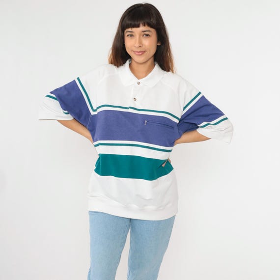 90s Striped Polo Shirt Jantzen White Blue Green Collared Shirt Retro Slouchy Short Sleeve Banded Hem Top Casual Preppy 1990s Vintage Large L
