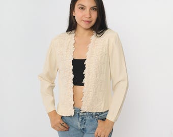 Vintage Cream Embroidered Cardigan 90s Floral Lace Trim Long Sleeve Open Front Rose Applique Top 1990s Romantic Cottagecore Medium 8