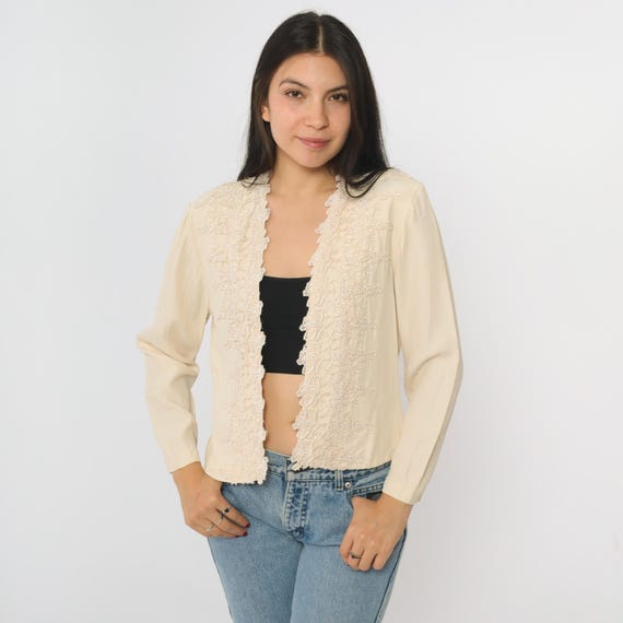 Vintage Cream Embroidered Cardigan 90s Floral Lace Trim Long Sleeve Open Front Rose Applique Top 1990s Romantic Cottagecore Medium 8