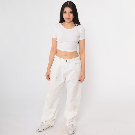 Dickies White Painter Pants Sherwin Williams Paint Splatter Utility Straight Leg Hammer Loop Distressed Workwear Men's 34x32