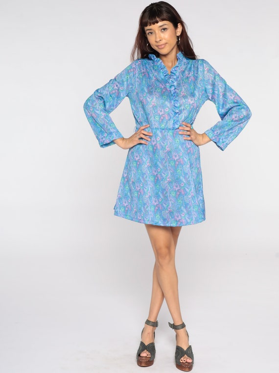 80s Paisley Dress Blue Psychedelic Print Ruffle M… - image 2