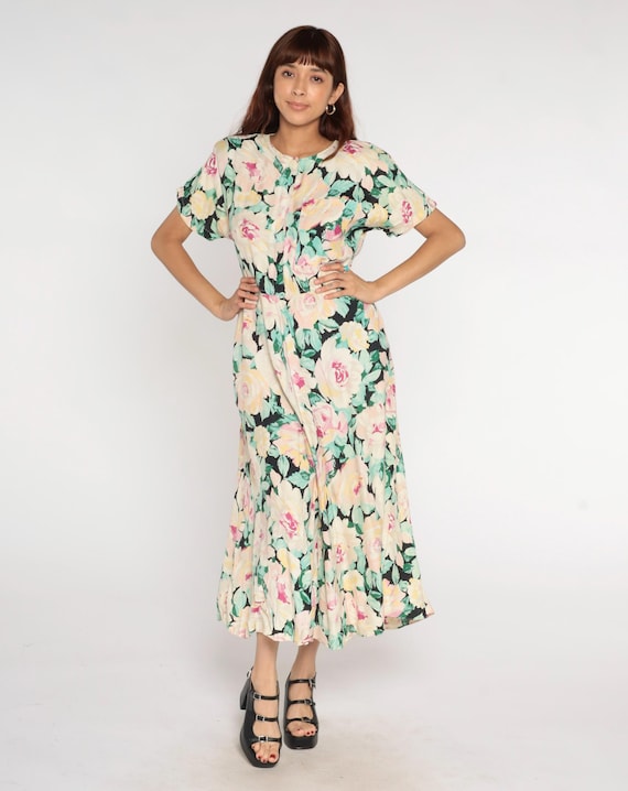 Pastel Floral Dress 90s Cream Yellow Pink Green Abstract Large Flower Cottagecore Prairie Fairycore Loose Flowy Fit Vintage Summer Medium M