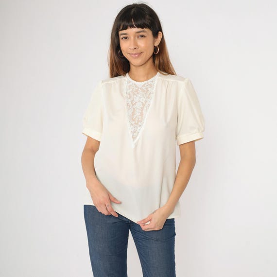 Vintage 70s Victorian Blouse Cream Embroidered Lace Top Puff Sleeve Shirt Sheer Yoke Boho Cottagecore Prairiecore Hippie 1970s Medium M