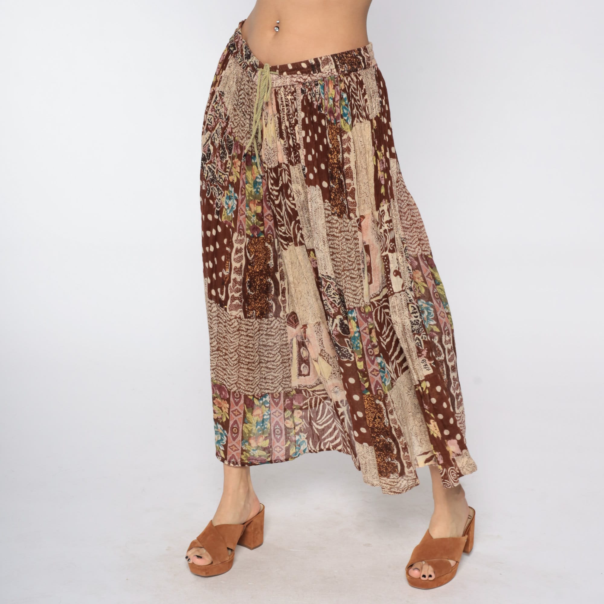 Patchwork Broomstick Skirt Boho Skirt Brown Floral Skirt Gypsy Midi