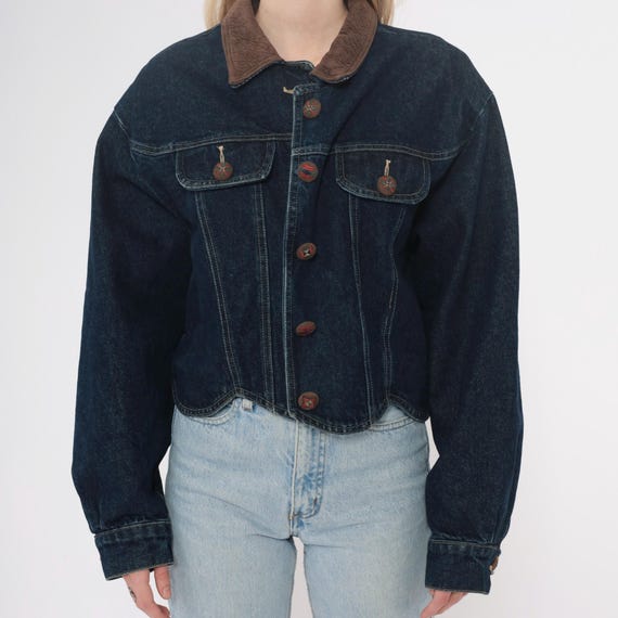 90s Denim Jacket Cropped Button Front Scalloped H… - image 8