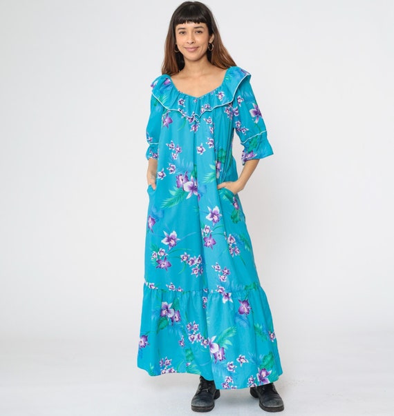 Tropical Maxi Dress 80s Blue Floral Dress Hawaiian Aloha Boho 3/4 Sleeve Tent Flower Print Summer Flounce Hem Vintage 1980s Medium 10