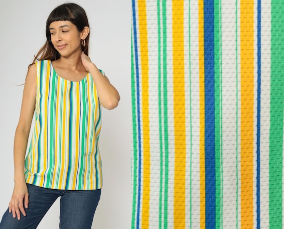 70s Striped Tank Top Mod Yellow Green Blue Shirt Sleeveless Blouse Retro Longline Tunic Top Boho Hippie Vintage 1970s Small Medium