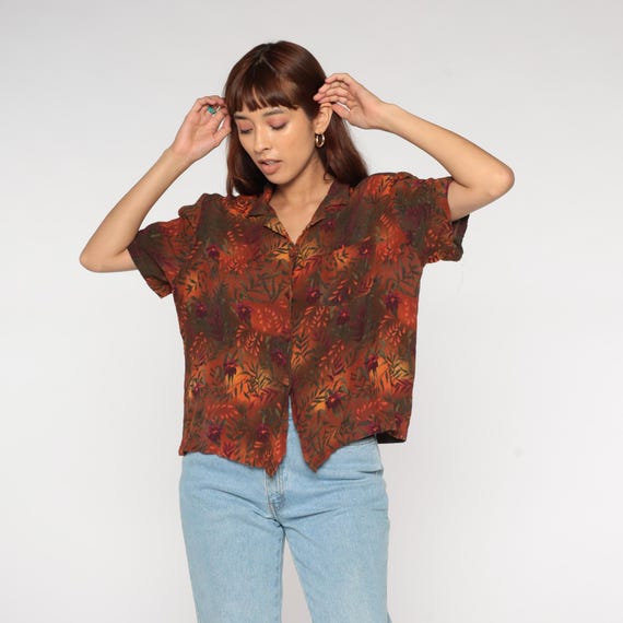 Autumn Floral Top 90s Blouse Rust Orange Brown Button Up Short Sleeve Tropical Print Fall Colors Lightweight Summer Wear Large L