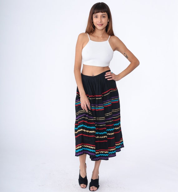 Ric-Rac Peasant Skirt 80s Midi Skirt Black Gold Metallic Striped Western Hippie Broomstick Retro High Waisted Boho Vintage 1980s Medium M 10