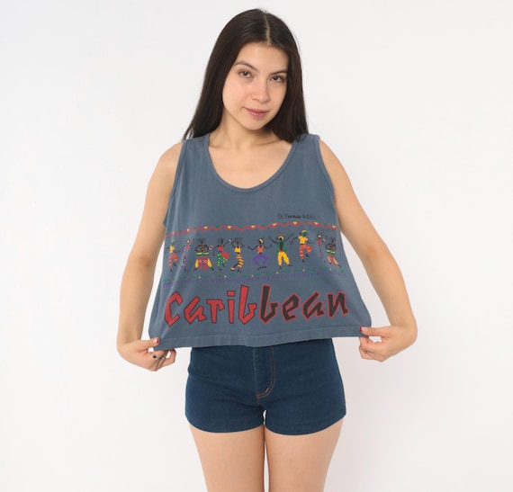 Caribbean Dancer Crop Top Tank St Thomas Souvenir Graphic Tee 90s Cotton Blue Print Festival Vacation Island Travel Shirt Medium M