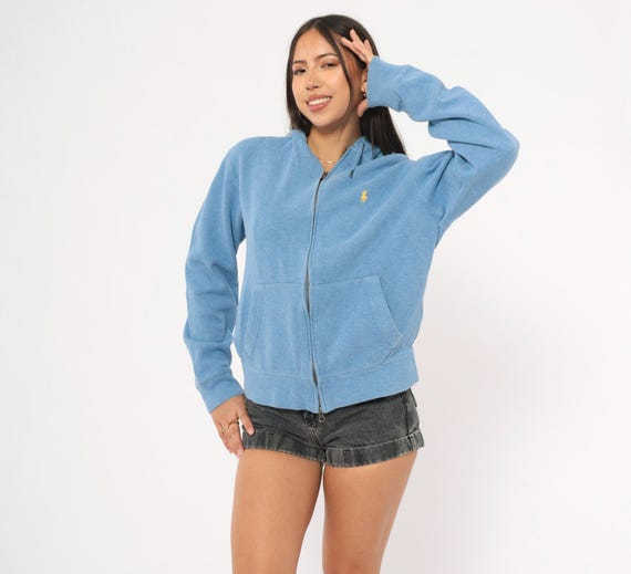 90s Polo Ralph Lauren Zip Up Hoodie Blue Cotton Hooded Sweatshirt Full Zip Preppy Collegiate Sporty Athletic Sky Powder Vintage Medium M