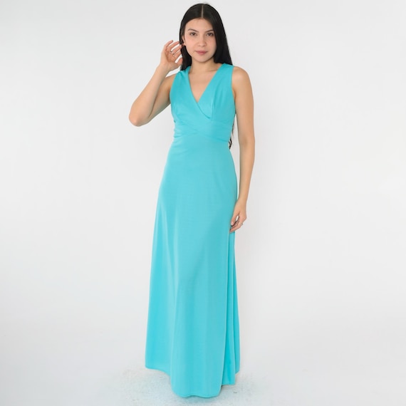 Vintage 70s Maxi Dress Blue Disco Gown Retro Party V Neck Long Sleeveless High Waist Boho Hippie Formal Cocktail 1970s Extra Small xs