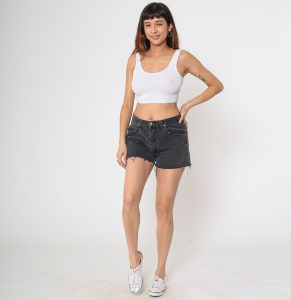 Black Denim Shorts 90s Wrangler Shorts High Rise Cutoffs 1990s Cut Offs Faded Black Frayed Jean Shorts Vintage Hippie Medium 32