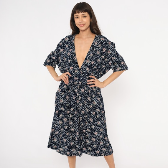 Navy Floral Dress 90s Pink Rose Print Deep V Neck Plunge Neckline Short Sleeve Dark Cottagecore Prairie Garden Party Summer Vintage Medium M