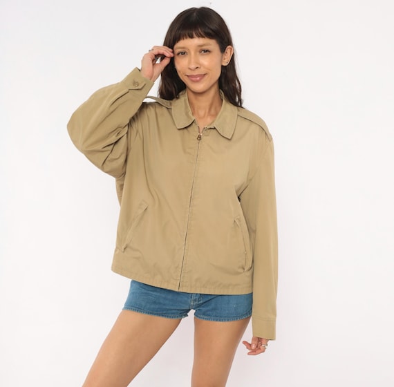 60s Harrington Jacket Tan Khaki Windbreaker Collar Epaulette Shoulder Coat Sand Beige Camel Bomber Collegiate Preppy Vintage Extra Large XL