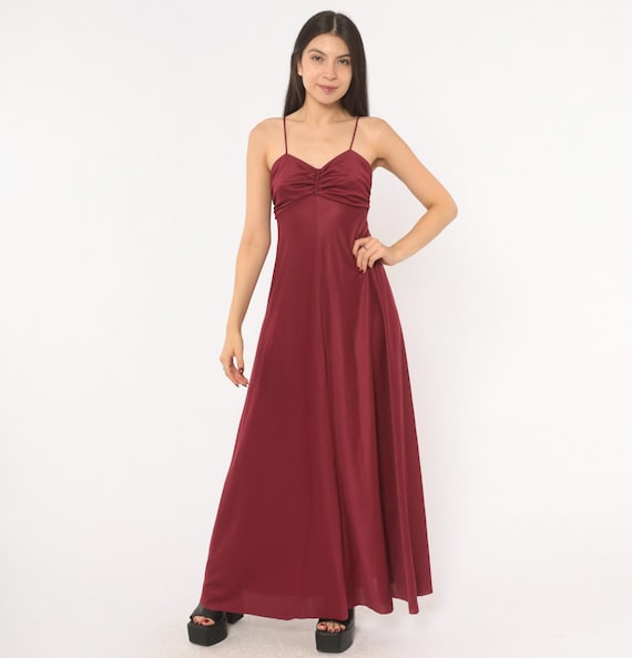 70s Burgundy Dress Wine Gown Ruched Bust Sweetheart Neckline Empire Waist Disco Prom Party Winter Formal Evening Gothic Grunge Vampy Small S
