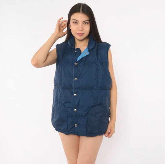 80s  Puffer Vest Navy Blue Snap Front Sleeveless Down Jacket Quilted Outdoor Gorpcore Hiking Camping Trail Cobalt Lined Large L