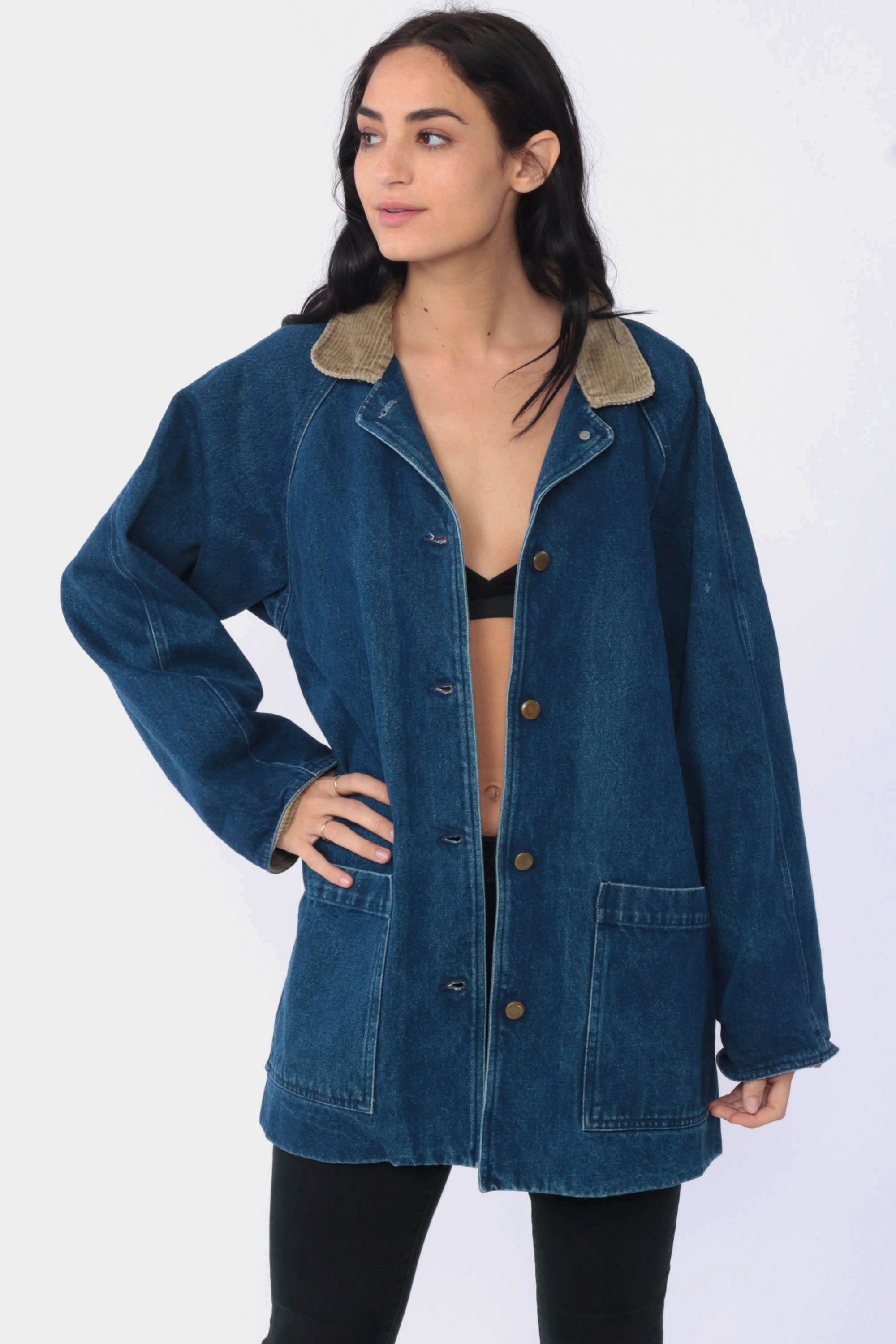 Long Denim Jacket QUILTED PATCHWORK Jacket 80s Jean Jacket Oversized Jacket Long Grunge Corduroy 