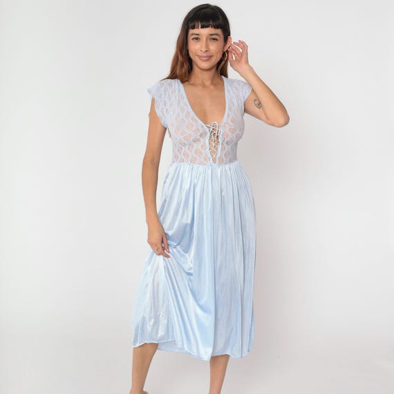 Vintage Baby Blue Lace Nightgown 80s Sheer Lingerie Slip Dress Lace Up Deep V Neck Cap Sleeve Midi Empire Waist Romantic Bohemian Small S