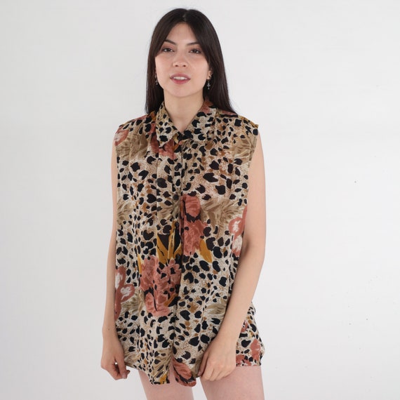 Leopard Print Blouse 90s Tropical Leaf Shirt Animal Print Blouse Brown Sleeveless Button Up Tank Top 1990s Vintage Rayon Oversized Medium