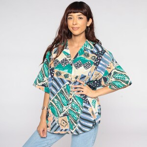 Geometric Button Up Shirt 80s Tropical Top Blouse Leaf Print Shirt Short Sleeve Vintage Cotton 1980s Green Blue 2x 2xl xxl 20 w