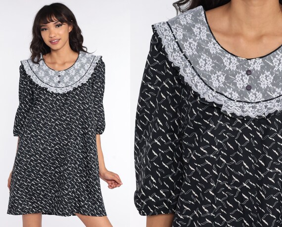 Lace Bib Dress Black Geometric Dress 80s Mini Dress Boho Shift Tent 1980s Vintage Bohemian Minidress Small S
