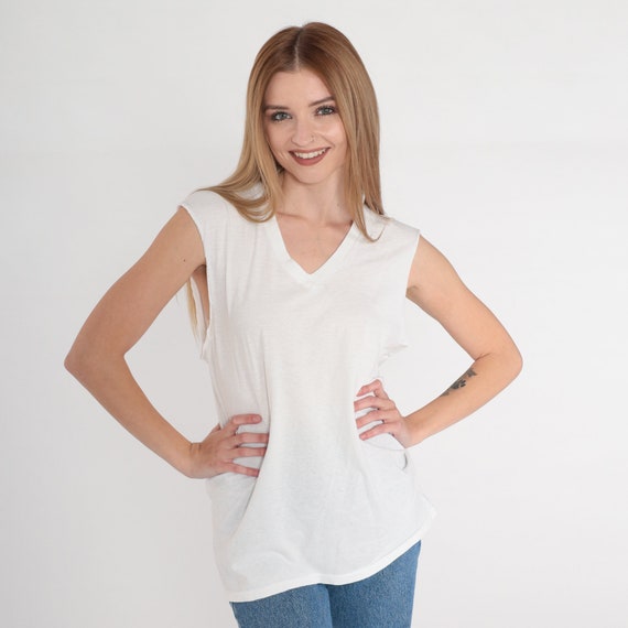 White Muscle Tee 80s Tank Top V Neck T-Shirt Retro Plain Cutoff Single Stitch Basic Short Sleeve Solid Semi-Sheer Vintage 1980s Small Medium