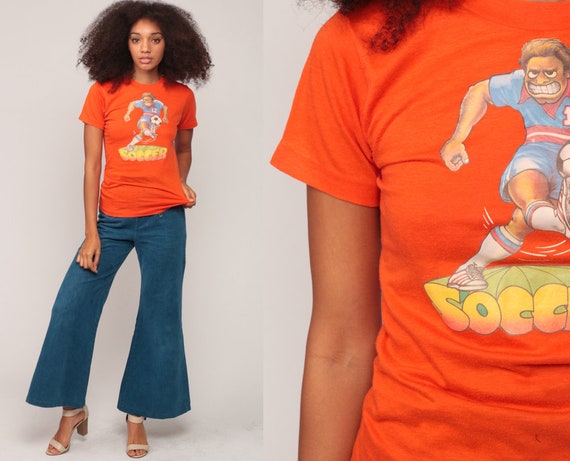 Soccer Shirt Sports Tshirt 80s Football Vintage Hipster T Shirt Graphic Retro 1980s Orange Extra Small xs