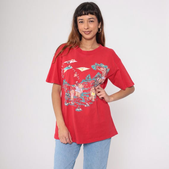 Teddy Bear Shirt 90s Red Kite Flying TShirt Vintage Graphic T Shirt 1990s Cute Park Birds Crewneck Tee Large L