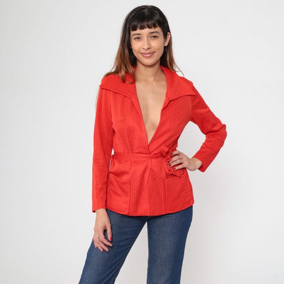 70s Red Wrap Jacket Mod Layering Top Vintage Long Sleeve Blazer Retro Boho Hippie Top Summer Bohemian Open Front Disco Plain 1970s Small S