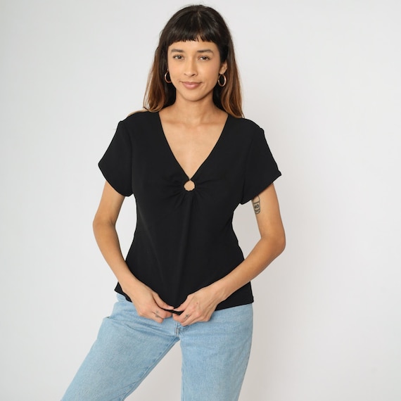 Vintage Black Keyhole Blouse 90s Short Sleeve Retro Cut Out Peekaboo Shirt Plain 1990s Large 14 Petite
