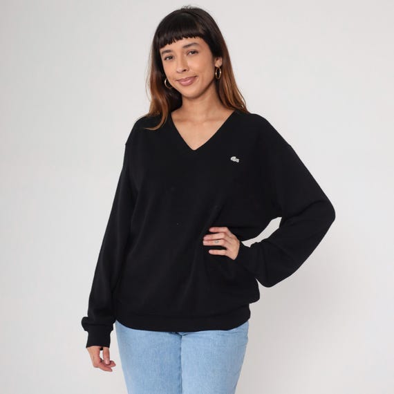 Lacoste Wool Sweater Y2K Black V Neck Jumper Designer Logo Pullover Minimal Classic Preppy Tennis  Oversized Knit Crocodile Medium