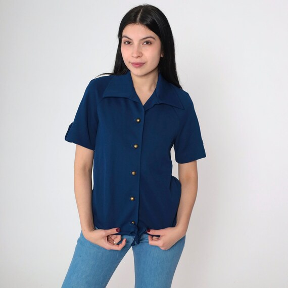 Navy Blue Blouse 70s Button up Shirt Short Roll Tab Sleeve Wing Collar Tie Front Collared Top Basic Plain Retro Preppy Vintage 1970s Medium