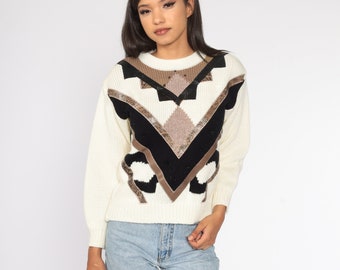 80s Geometric Sweater 90s Knit Jumper Acrylic 1980s Statement Cream Vintage Pullover Small Medium
