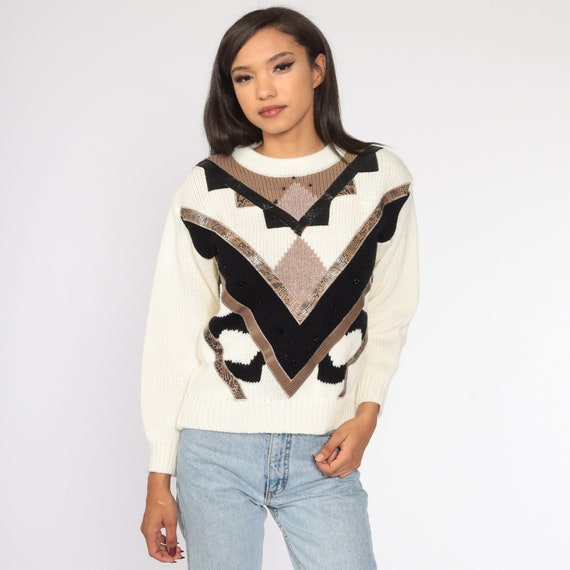 80s Geometric Sweater 90s Knit Jumper Acrylic 1980s Statement Cream Vintage Pullover Small Medium