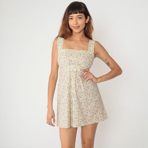 60s Mini Babydoll Dress Calico Floral Ditsy Print Brown Beige Daises Prairie Square Neck Summer Beach Mod Gogo Style Extra Small XS