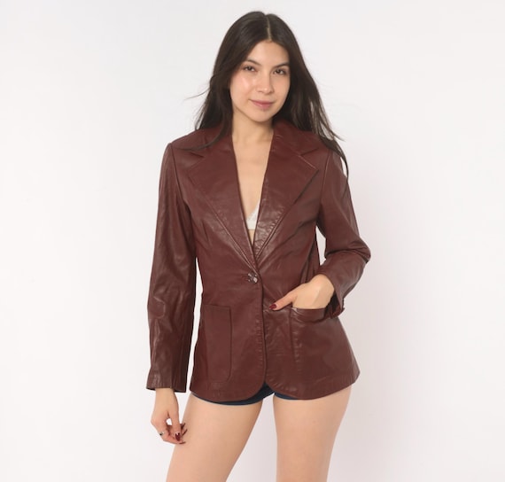 70s Burgundy Leather Blazer Wine Single Button Notched Lapel Fitted Waist Jacket Maroon Hip Length Coat Lined Vintage Women Extra Small XS