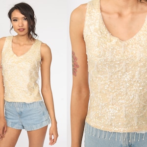 60s Beaded Top Cream Knit Blouse SEQUIN Tank Party Cream Mod Vintage 1960s Sleeveless Sequined Evening Sixties Glam Jackie O Small xs s