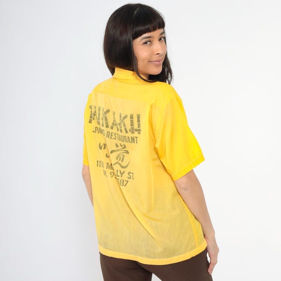 Vintage Restaurant Uniform Shirt 70s Yellow Japanese Bamboo Print Button Down Mikaku Honolulu Hawaii Souvenir 1970s Paper Thin Medium Large