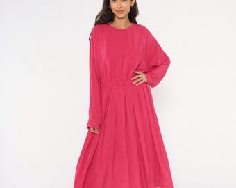 80s Fuchsia Midi Dress Long Sleeve Gathered Waist Pleated Skirt Hot Pink Magenta Rose Blouson Nerdcore Vintage Womens Extra Large XL
