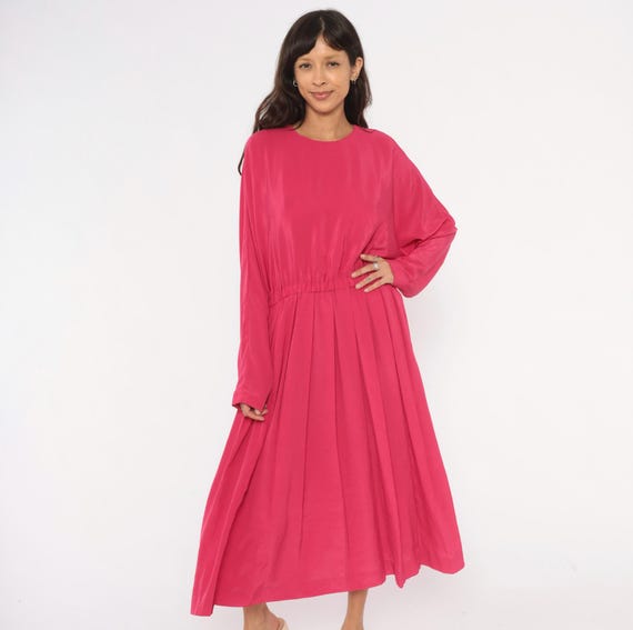 hot pink pleated midi dress 80s Fuchsia Long Sleeve Gathered Waist Skirt Magenta Rose Blouson Nerdcore Vintage Womens Extra Large XL Category_All Short Dresses