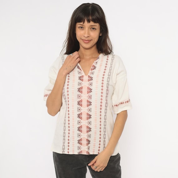 90s Embroidered Blouse Cream Cotton Folk Top Tribal V Neck Puff Sleeve Ivory Pullover Woven Prairie Shirt Bohemian Hippie Vintage Small S