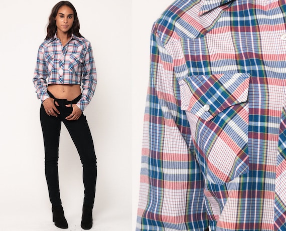 Crop Top Western Blouse 70s Plaid Shirt Button Up Shirt Checkered PEARL SNAP 1970s Vintage Long Sleeve Blue White Red Small Medium