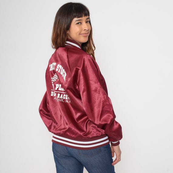 Vintage 90s Racing Jacket Maroon Satin Bomber Duke City Raceway Street Stock 2nd Place Embroidered Checkered Flag Graphic Varsity Medium